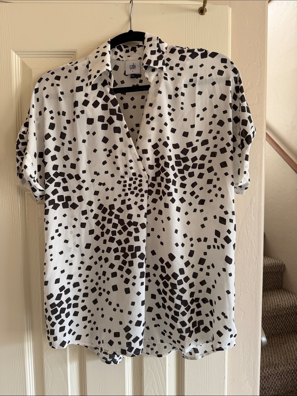 CAbi White Blouse with Black Geometric Spots